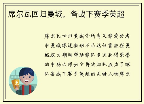 席尔瓦回归曼城，备战下赛季英超