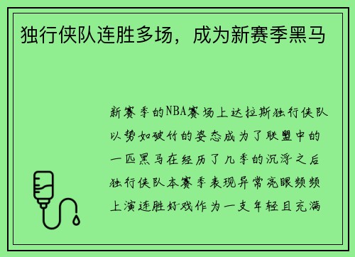 独行侠队连胜多场，成为新赛季黑马